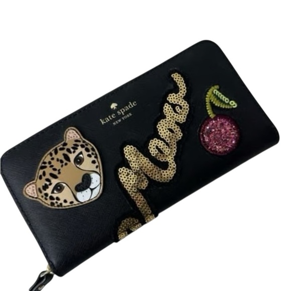 Kate spade meow cat tiger long wallet glitter sequins embroidered novelty - Picture 1 of 10
